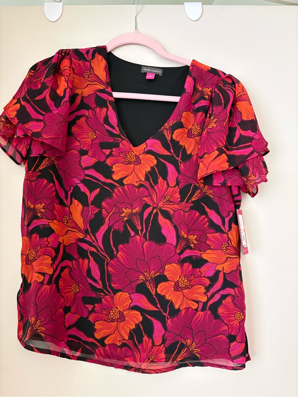 Vince Camuto Black Pink & Orange Floral V-Neck Ruffle Sleeve Top